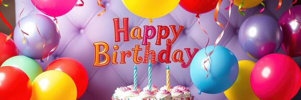 Colorful birthday celebration with balloons, cake, and festive decorations in a joyful setting photo