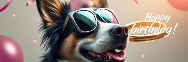 Happy birthday celebration with a dog wearing sunglasses surrounded by balloons and festive decorations photo
