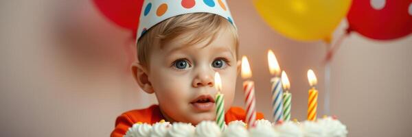 Celebrating a joyful birthday party with a young child ready to make a wish and blow out candles on a colorful cake photo