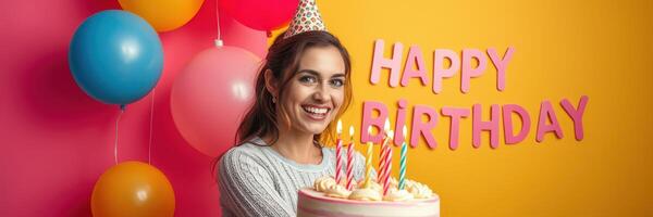 Celebrating a joyful birthday with friends and a colorful cake in a festive setting photo