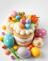 Colorful Easter cake topped with flowers and decorative eggs on a white background photo