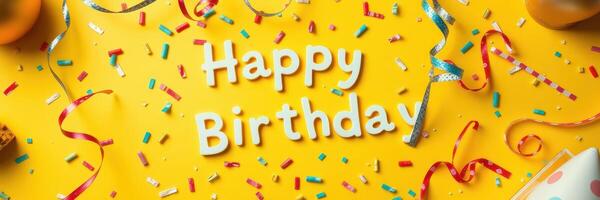 Colorful birthday celebration with confetti and decorations on vibrant yellow background photo