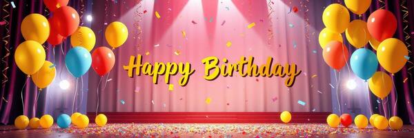 Colorful birthday celebration backdrop with balloons and confetti enhancing festive atmosphere photo
