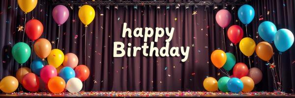 Colorful birthday celebration stage decorated with balloons and streamers in a festive atmosphere photo
