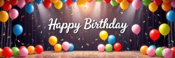 Colorful birthday celebration backdrop with balloons and confetti for a festive atmosphere photo