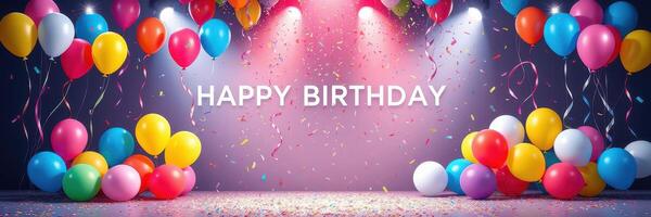 Colorful birthday celebration setup with balloons and confetti for a joyful event in a festive atmosphere photo