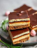 Delicious layered dessert squares with chocolate, caramel, and cream on a plate with decorative elements photo