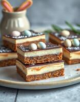 Delicious layered dessert with chocolate, cream, and colorful candies displayed on a plate photo