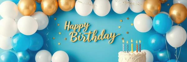 Celebration setup with balloons and cake for a joyful birthday occasion featuring blue and gold decorations in a festive environment photo