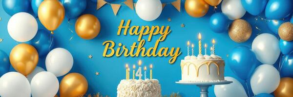Festive birthday celebration setup with cakes and balloons in blue, gold, and white colors photo