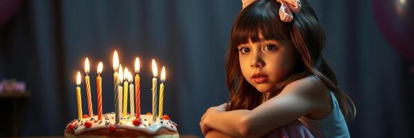 Young girl gazes thoughtfully at birthday cake with lit candles during celebration in dimly lit room photo