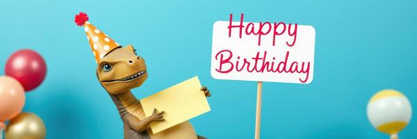 Dinosaur in party hat celebrates birthday with colorful decorations and a cheerful sign photo