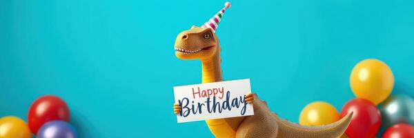 Dinosaur celebration with colorful balloons and birthday sign in festive atmosphere photo