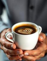 Coffee cup with heart latte art held by hands in a cozy setting during the morning photo