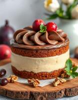 Delicious layered chocolate cake with creamy filling and fresh fruit garnishes at a cozy kitchen setting photo