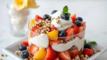 Delicious fruit parfait with yogurt, granola, and fresh berries on a white background photo