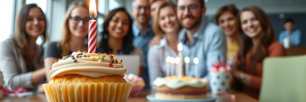 Celebration with friends at a cozy setting featuring cupcakes and birthday cakes during a joyful gathering photo
