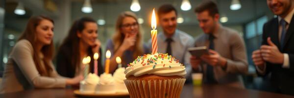 Celebration of a birthday with friends and a decorated cupcake lit by a candle in a well-lit indoor setting photo