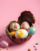 Colorful Easter eggs inside a chocolate shell on a pink background perfect for spring celebrations photo