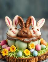 Decorative Easter dessert featuring chocolate bunnies and colorful eggs on a grassy base in a festive display photo