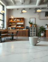 Cozy cafe interior with a white cup on a marble table and warm lighting in an urban setting photo