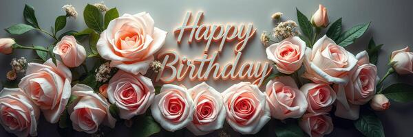 Birthday celebration adorned with beautiful pink roses and a joyful message for someone special photo
