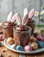 Cute chocolate desserts with bunny faces surrounded by colorful eggs perfect for spring celebrations photo