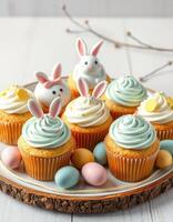 Delicious Easter cupcakes decorated with cute bunny faces and pastel colors for a festive celebration photo