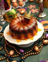 Colorful dessert centerpiece at a joyful celebration featuring a cake garnished with a crown and festive decorations photo
