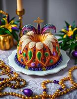 Festive bundt cake decorated with colorful icing and beads for a celebration in a vibrant setting photo