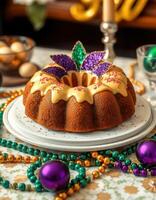 Festive king cake adorned with colorful decorations showcased on a table during a celebration photo