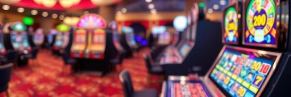 Brightly lit casino interior with numerous colorful slot machines in action during nighttime hours photo
