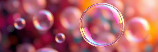 Colorful soap bubbles floating in the air against a blurred background with soft lighting photo