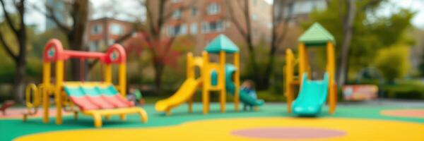 Colorful playground equipment surrounded by trees in a suburban park on a sunny day photo