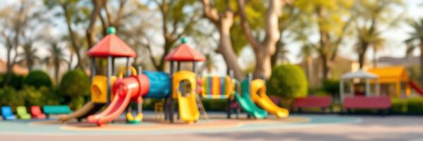 Colorful playground equipment in a sunny park with trees and seating areas for families to enjoy photo