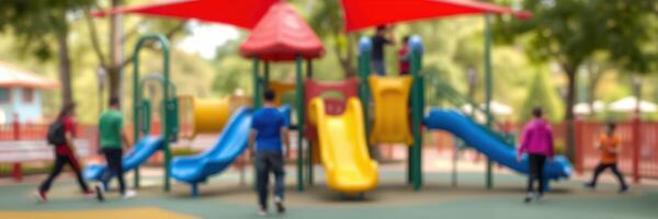 Children playing on colorful playground equipment under bright canopies in a sunny park during the afternoon photo