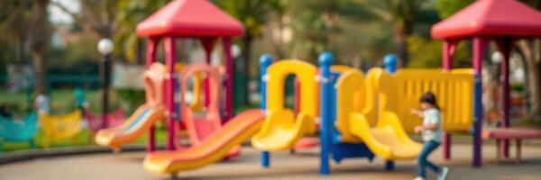 Children playing at a vibrant playground in a sunny park surrounded by lush greenery photo