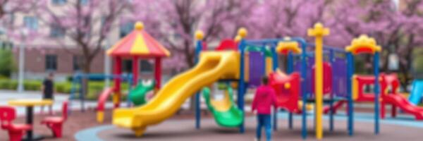 Colorful playground with children enjoying slides and swings during springtime in a park surrounded by cherry blossom trees photo