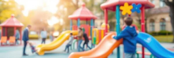 Children playing joyfully at a colorful playground during a sunny afternoon in a suburban park photo