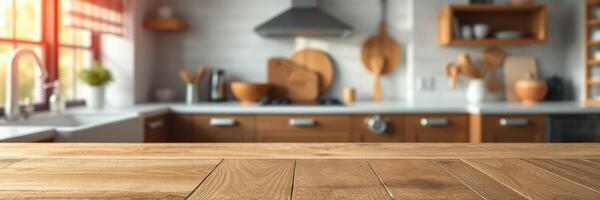 Modern kitchen with wooden countertop and cozy decor showcasing a warm atmosphere and inviting space for cooking and gathering photo