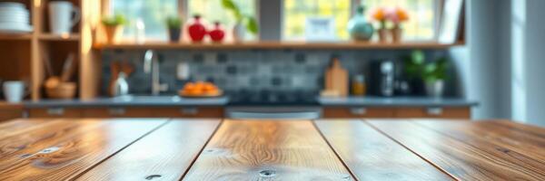 Rustic kitchen setting with wooden table and soft natural light in a contemporary home photo