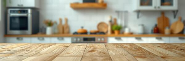 Kitchen interior with wooden countertop and blurred background showing cooking area and appliances in a cozy home setting photo