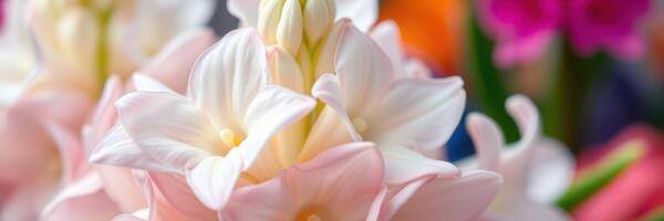 Beautiful blooming flowers in various colors captured indoors with soft lighting and vibrant mood photo