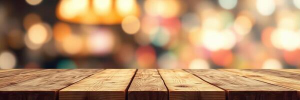 Wooden tabletop with blurred festive background creates inviting atmosphere for gatherings and celebrations photo