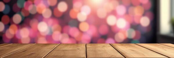 Beautiful wooden table in front of a blurred bokeh background with warm lights during evening hours photo