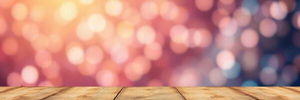 Wooden table against a colorful bokeh background, creating a warm atmosphere for gatherings and celebrations photo