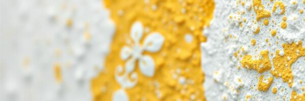 Colorful texture of yellow and white paint on a wall shows creative artistic expression and vibrant design details in urban art photo
