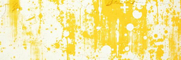 Bright yellow paint splatters create an abstract background in an artistic studio setting photo