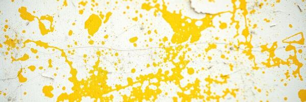 Colorful yellow paint splatters create an abstract art design on a textured white background photo