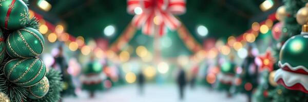 Holiday market bustling with festive decorations and bright lights during the winter season in a lively setting photo